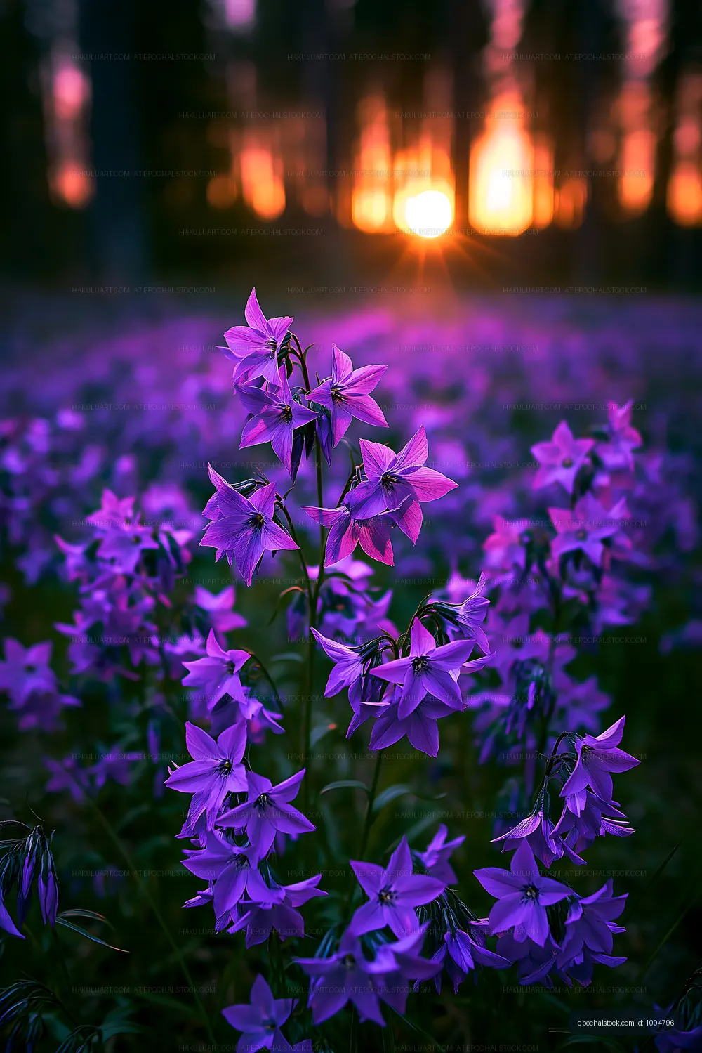 Violet flowers bloom at sunset in a forest clearing