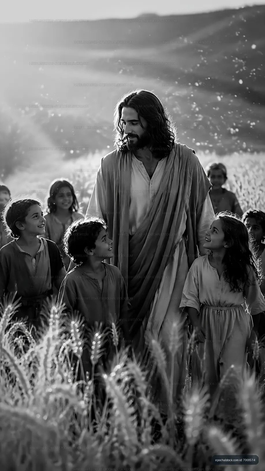 Jesus walking with children in a field during daylight