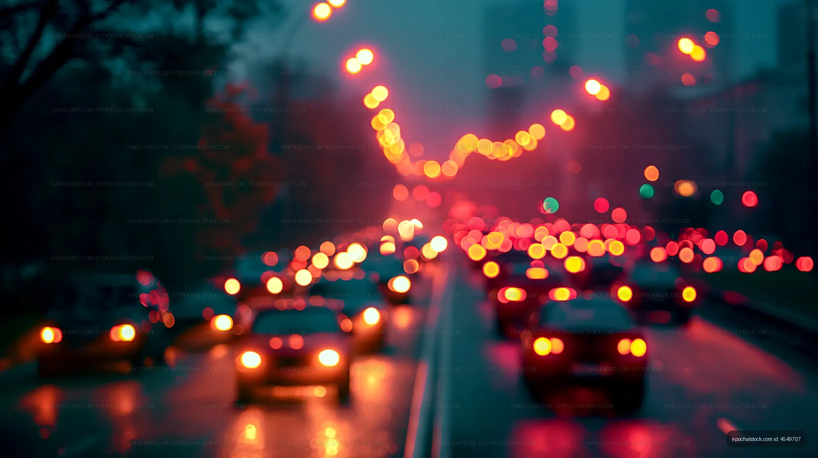 Bokeh lights and traffic captured during a rainy evening