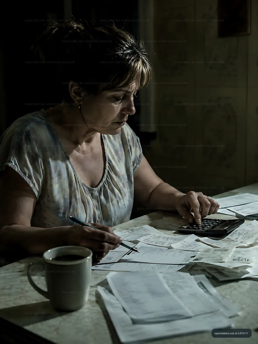Woman calculating budget at home in low light