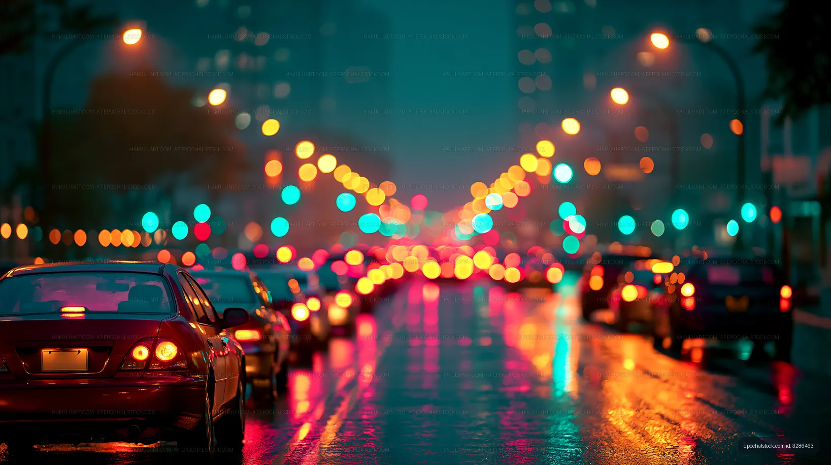 City street with blurred car lights on a rainy night