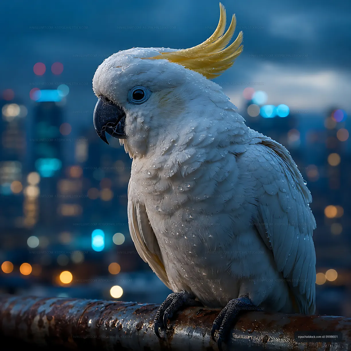 Cockatoo perched on a railing at night with city lights in background