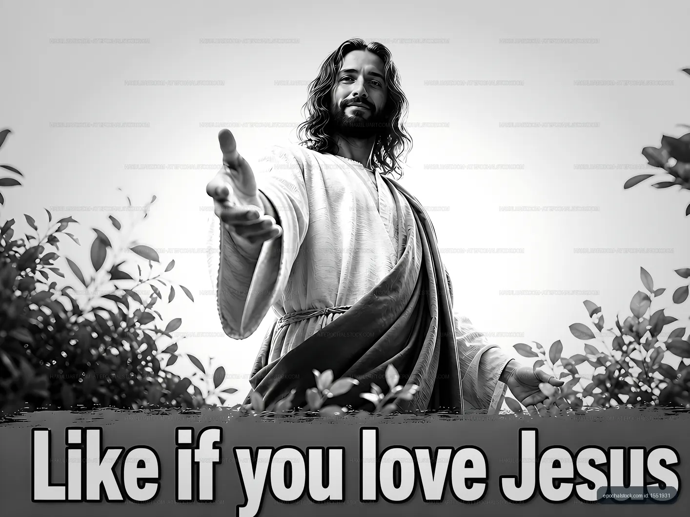 Jesus extending hands with call to action in a peaceful setting