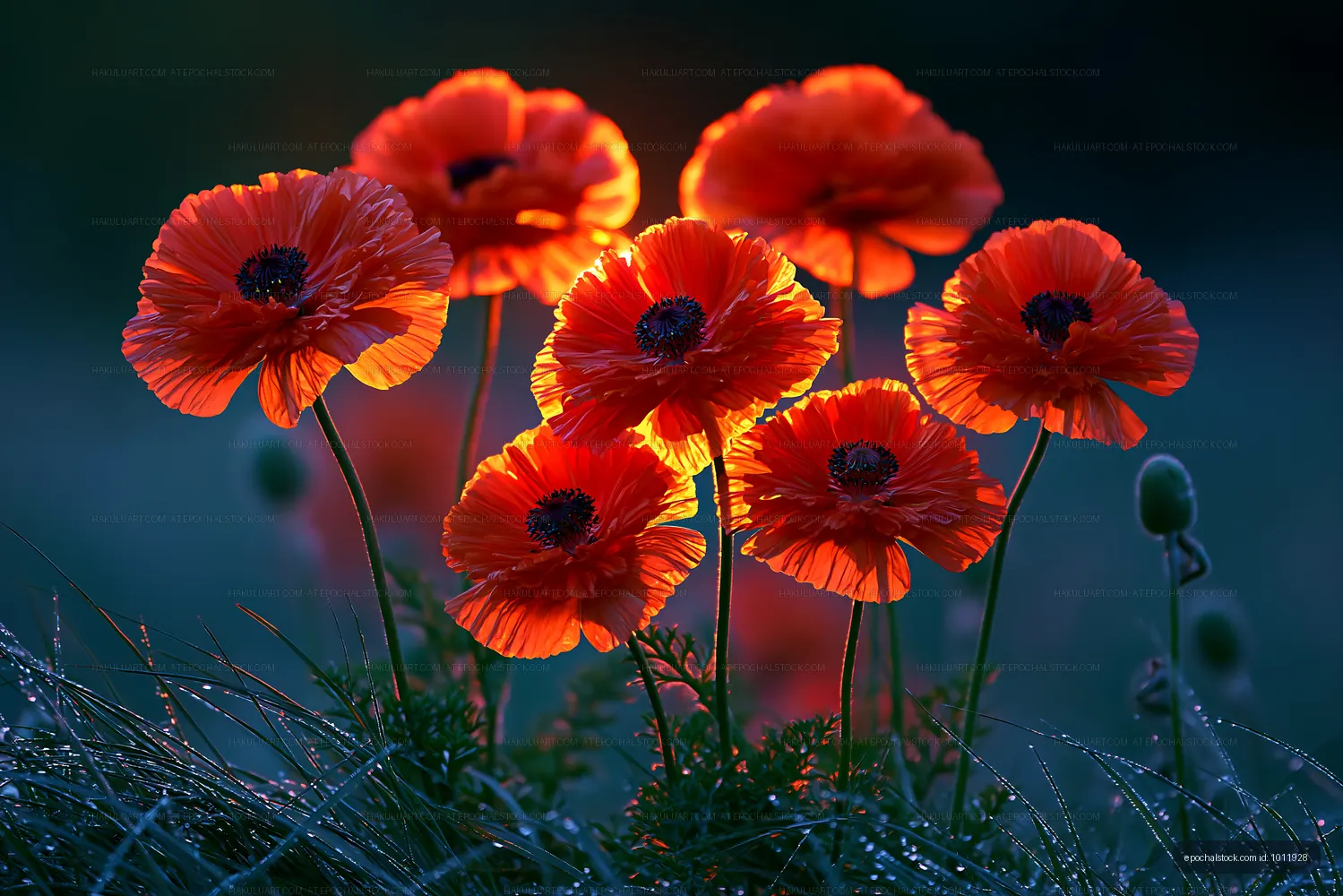 Bright red poppies bloom in a garden at sunset