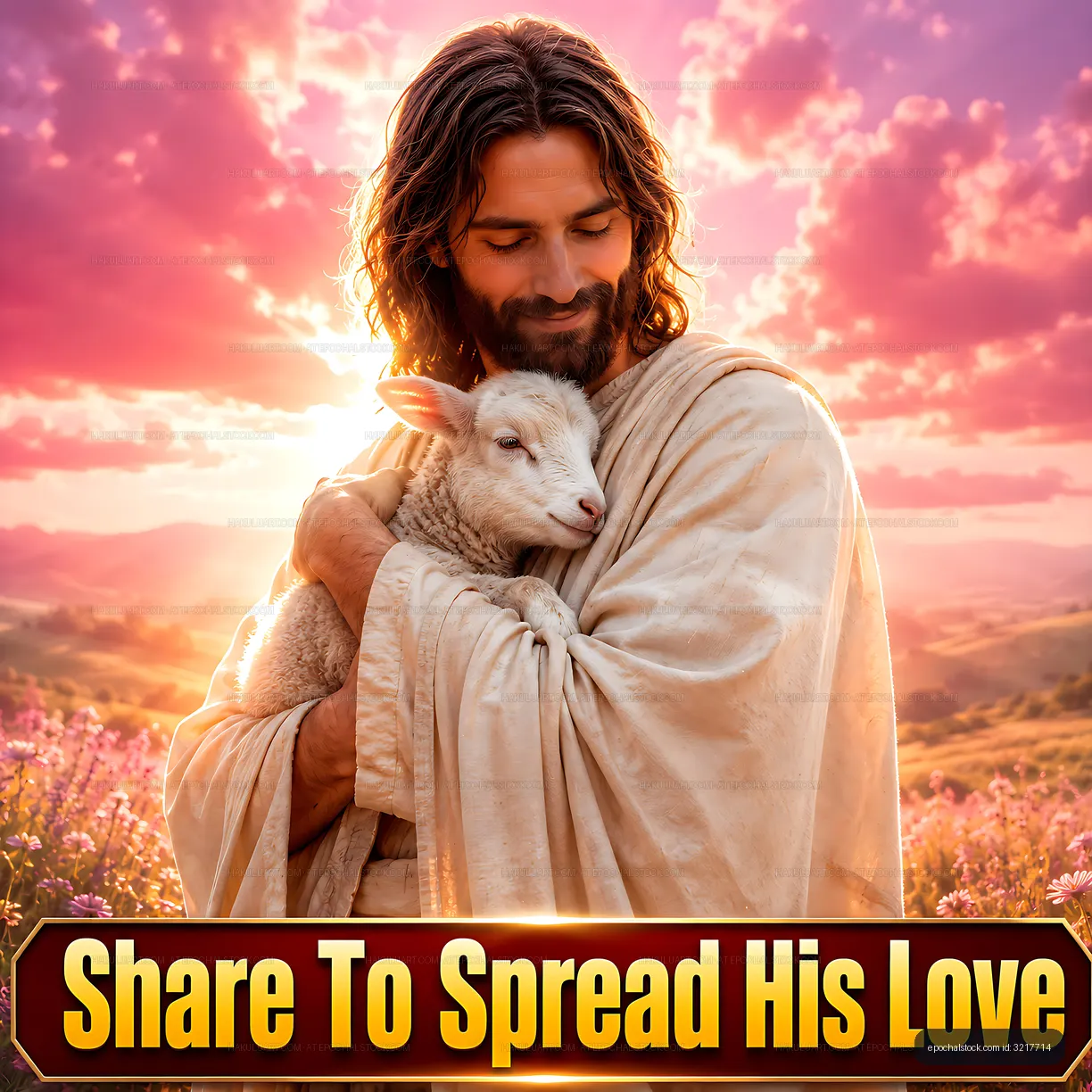 Man holding a sheep with a sunset background