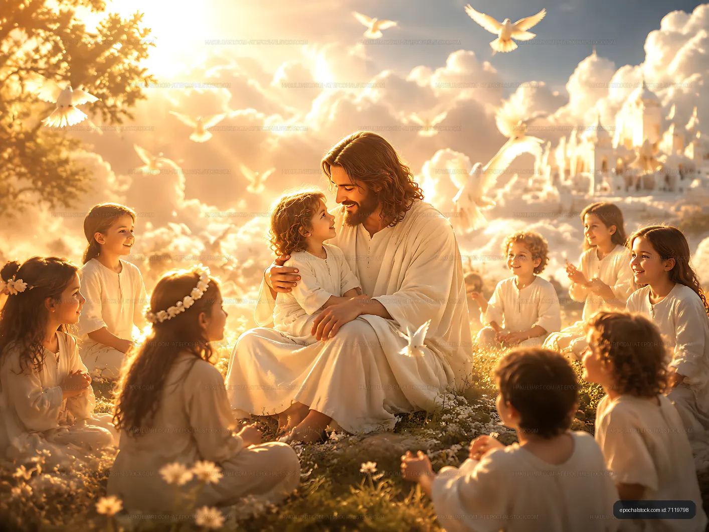 Jesus interacts with children in a bright, heavenly setting