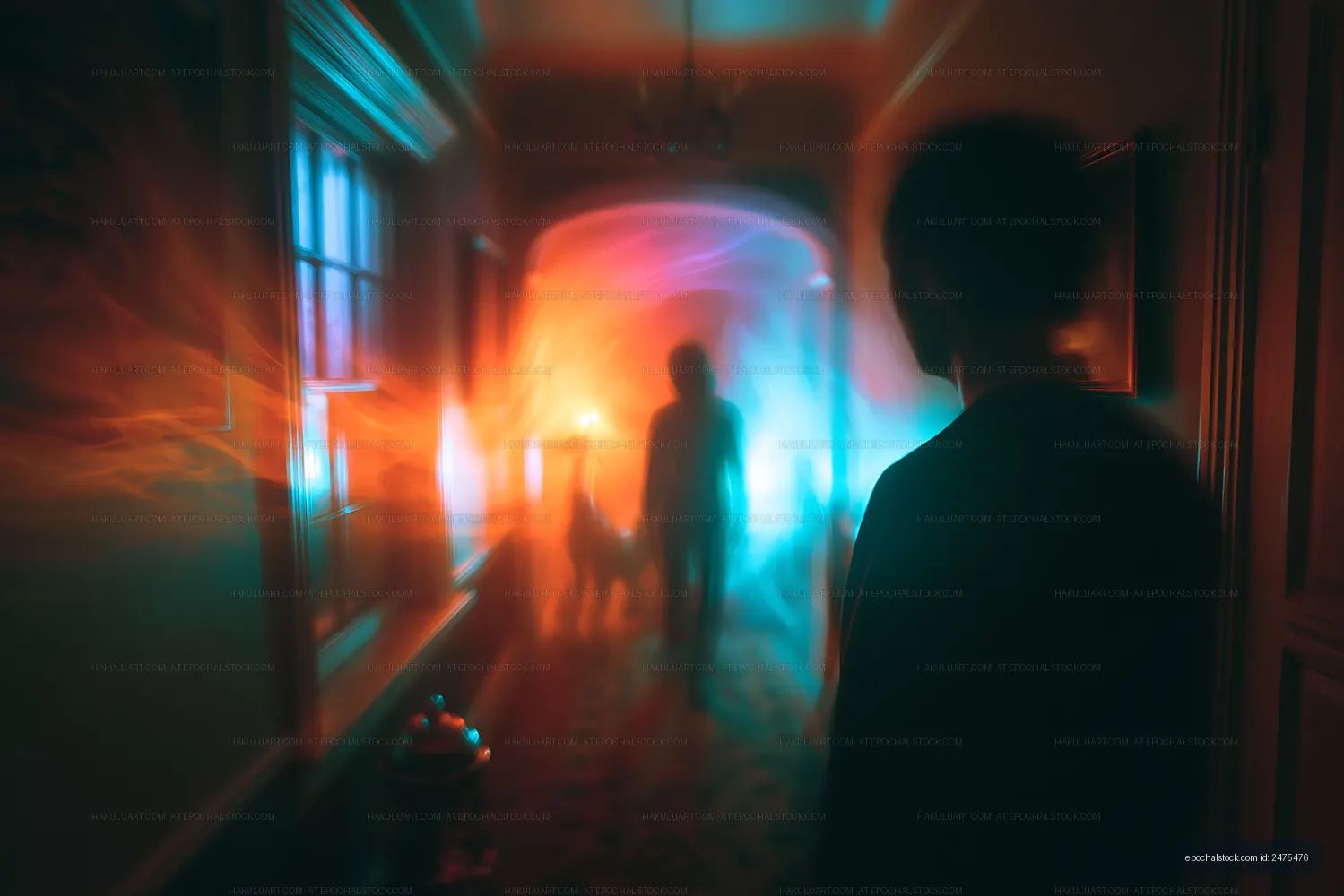 Shadowy figures in a colorful corridor