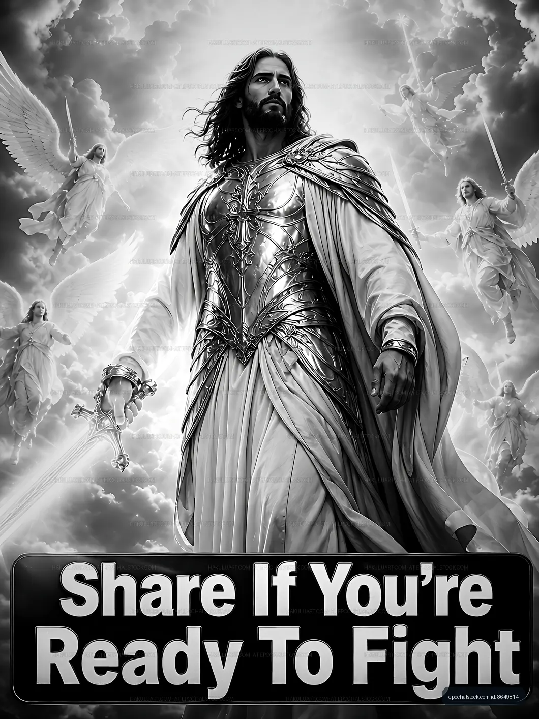 Warrior figure stands with sword and angels in black and white
