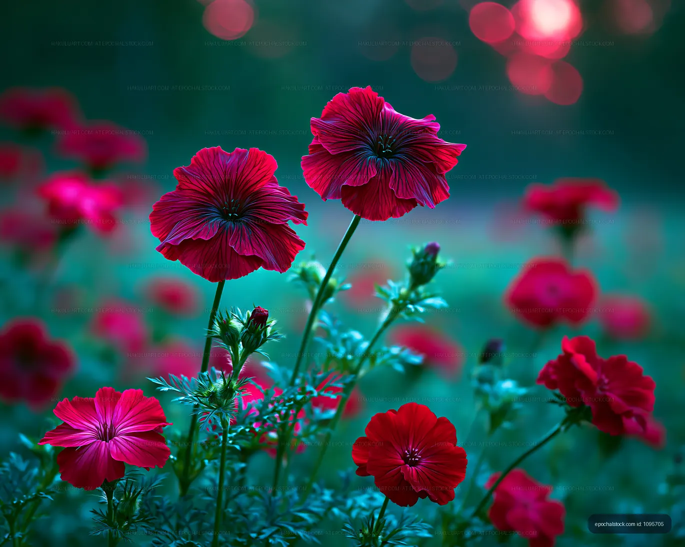 Flowers in a garden with a dark background during sunset hours