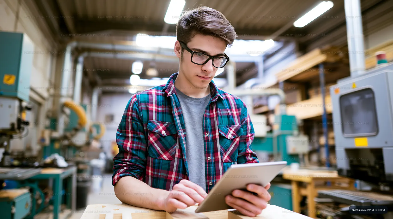 Young man using a tablet in a woodshop setting