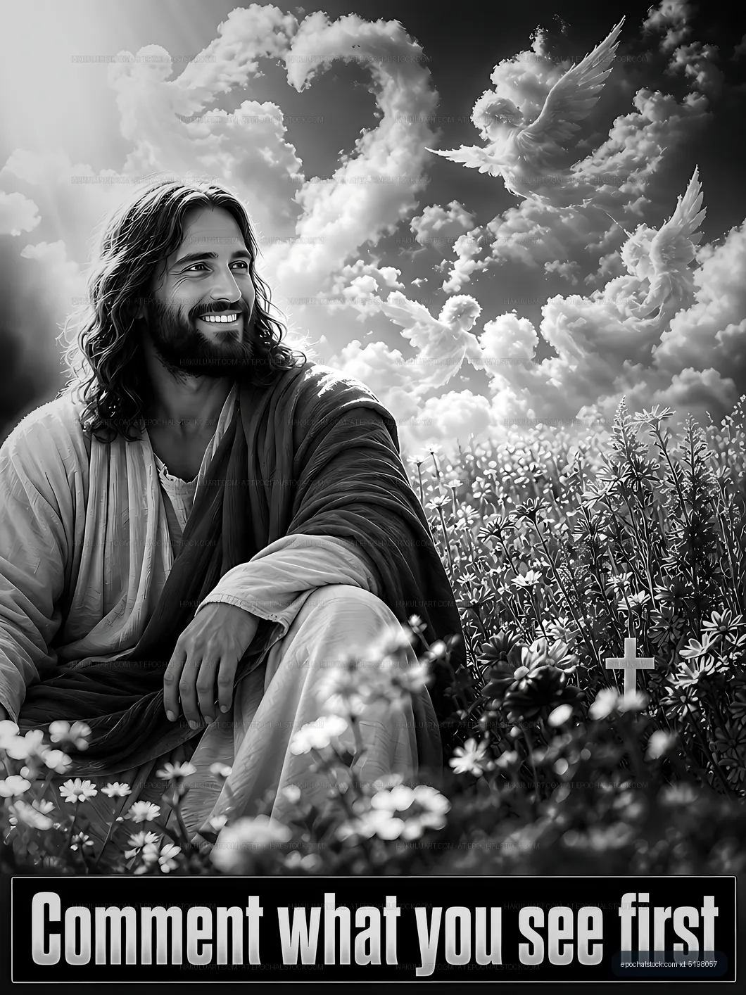 Smiling figure in nature with clouds and cross in the background