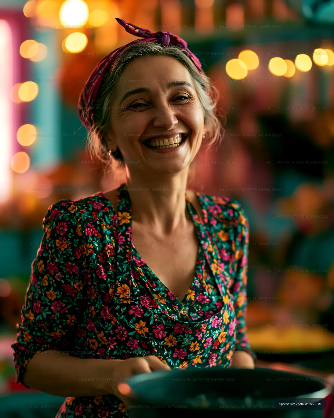 Woman cooking in a vibrant kitchen with colorful decorations