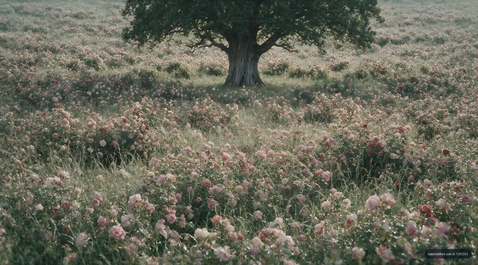 Flowers grow around a large tree in a field