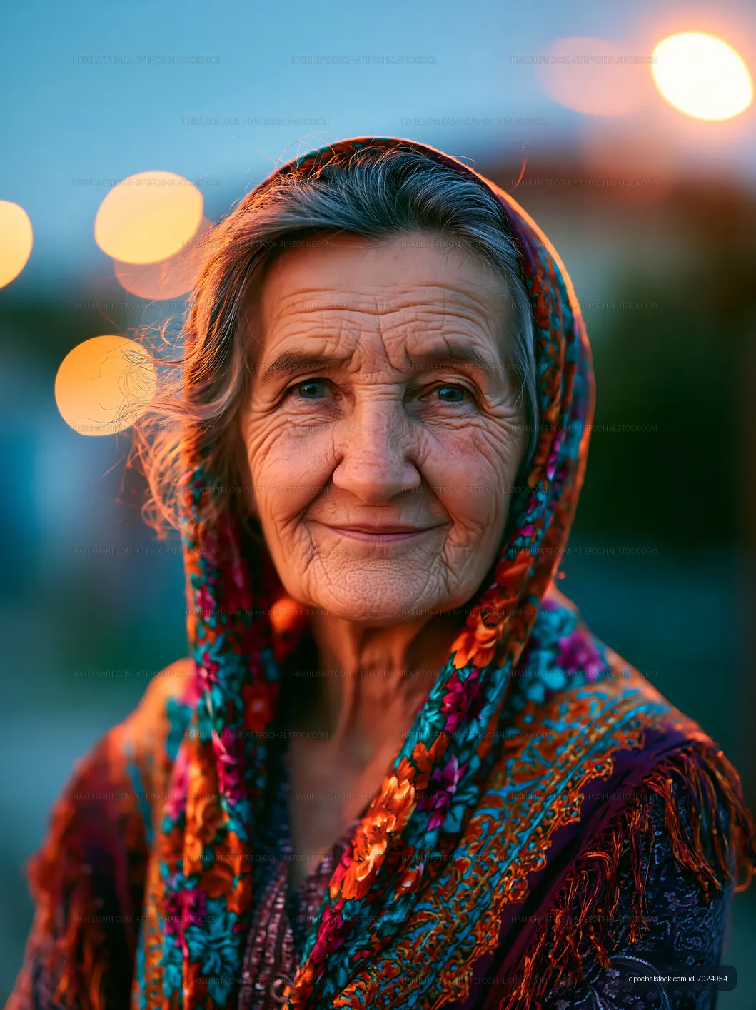 Portrait of elderly woman with colorful scarf at dusk
