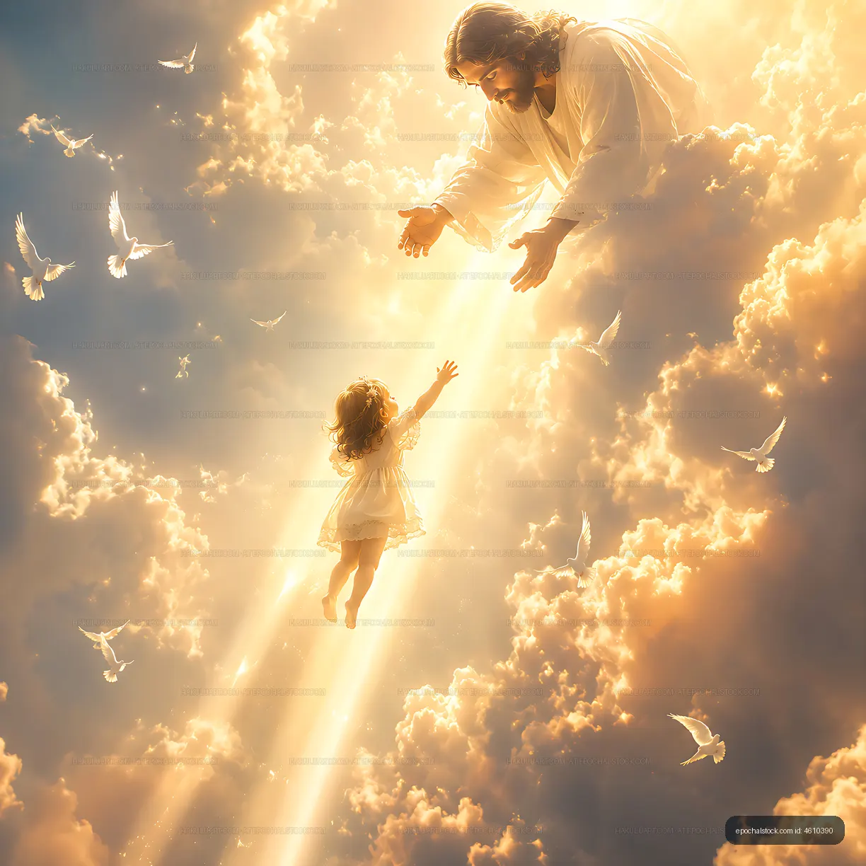 Figures reaching out in a sky filled with clouds and light