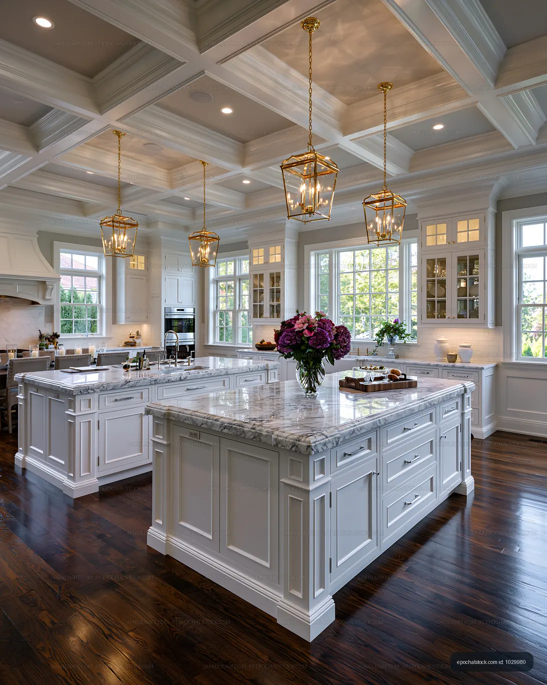 Modern kitchen with white cabinets and marble countertops