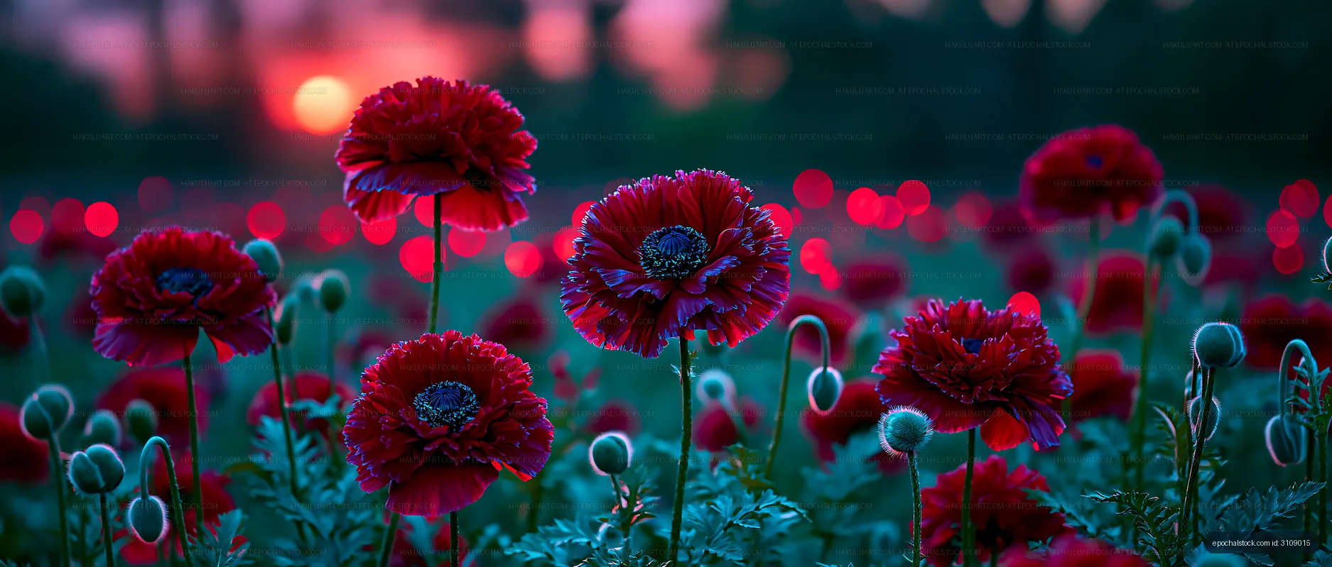 Red flowers bloom in a field at sunset