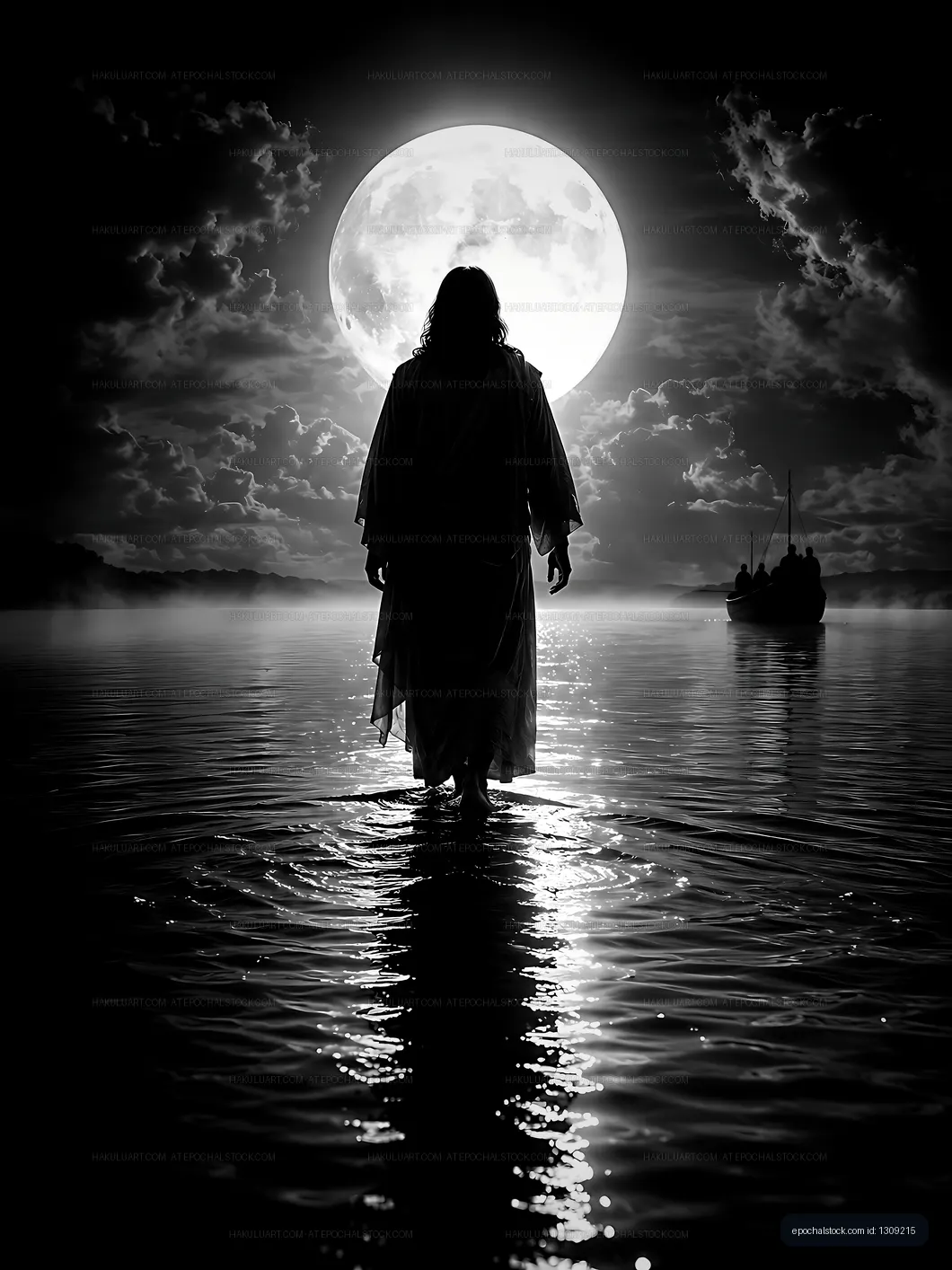Person walking on water under a full moon at night