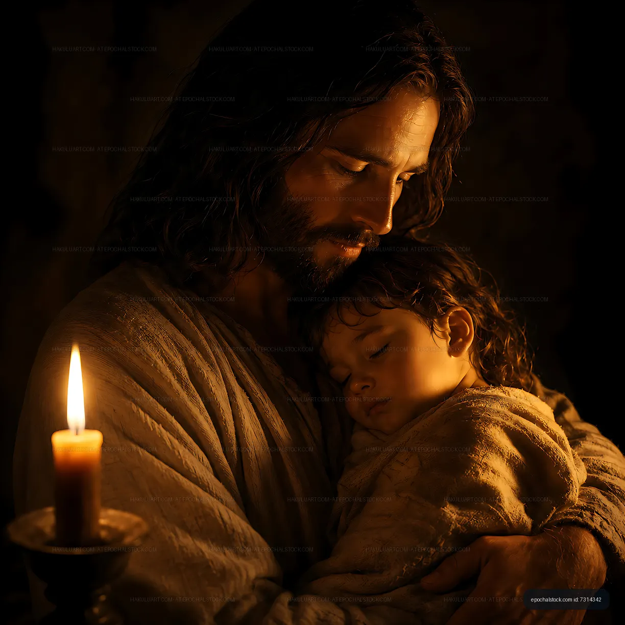 Jesus holding a sleeping child by candlelight