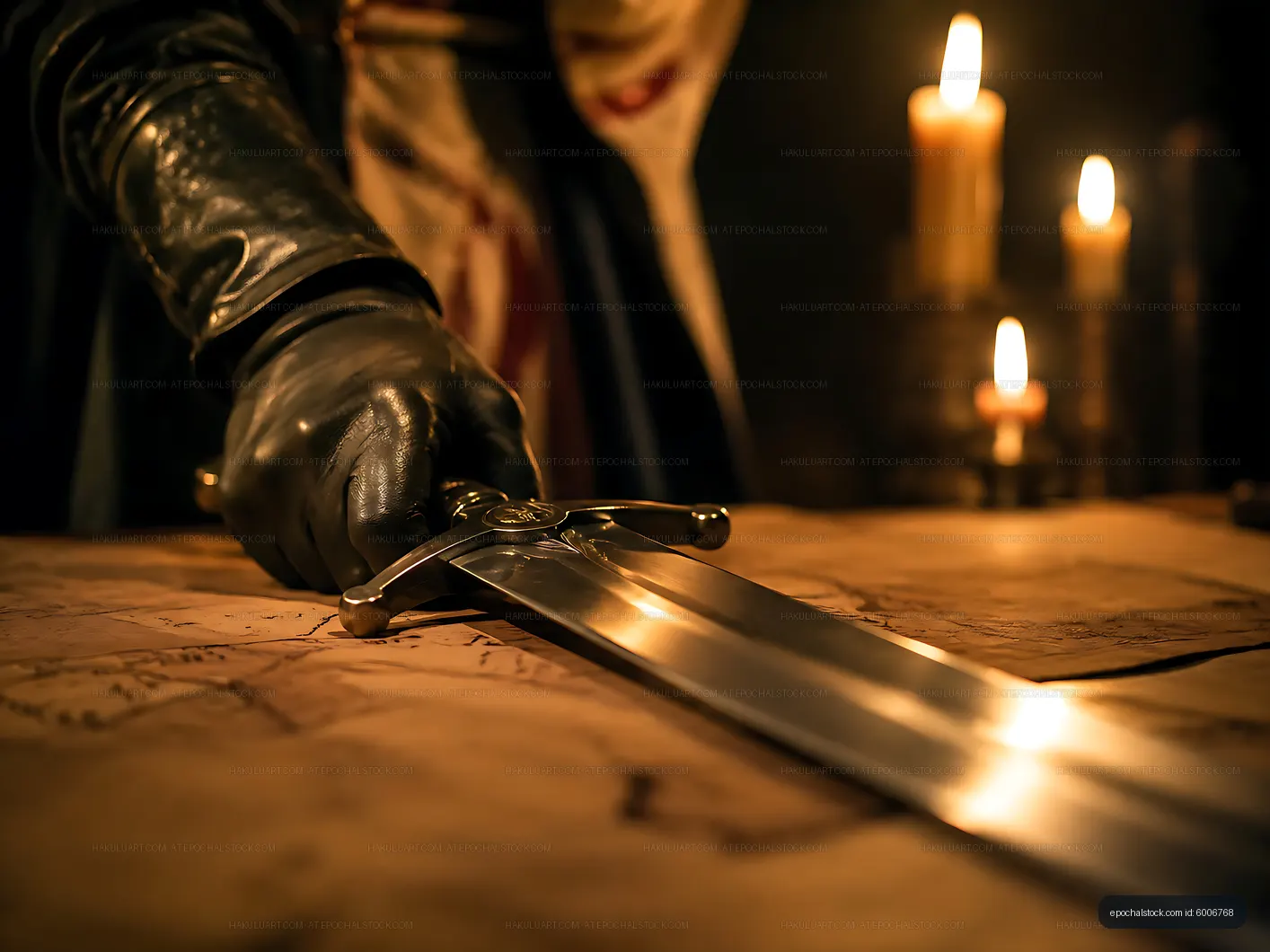 Hand with sword over ancient map, candles glowing behind