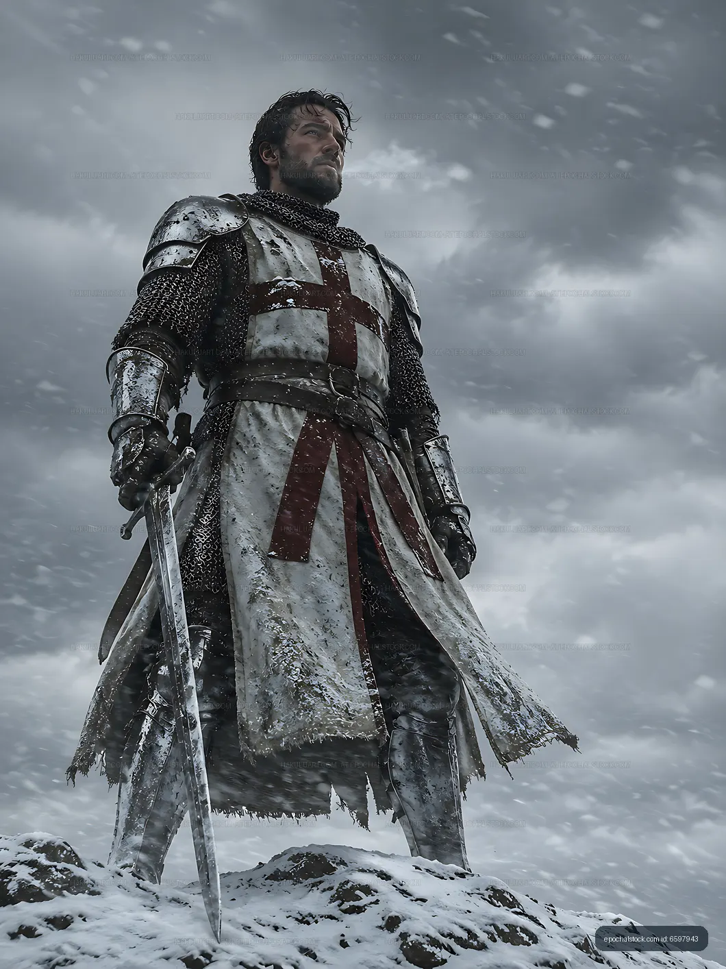 Knight in armor standing on rocky ground during snowfall