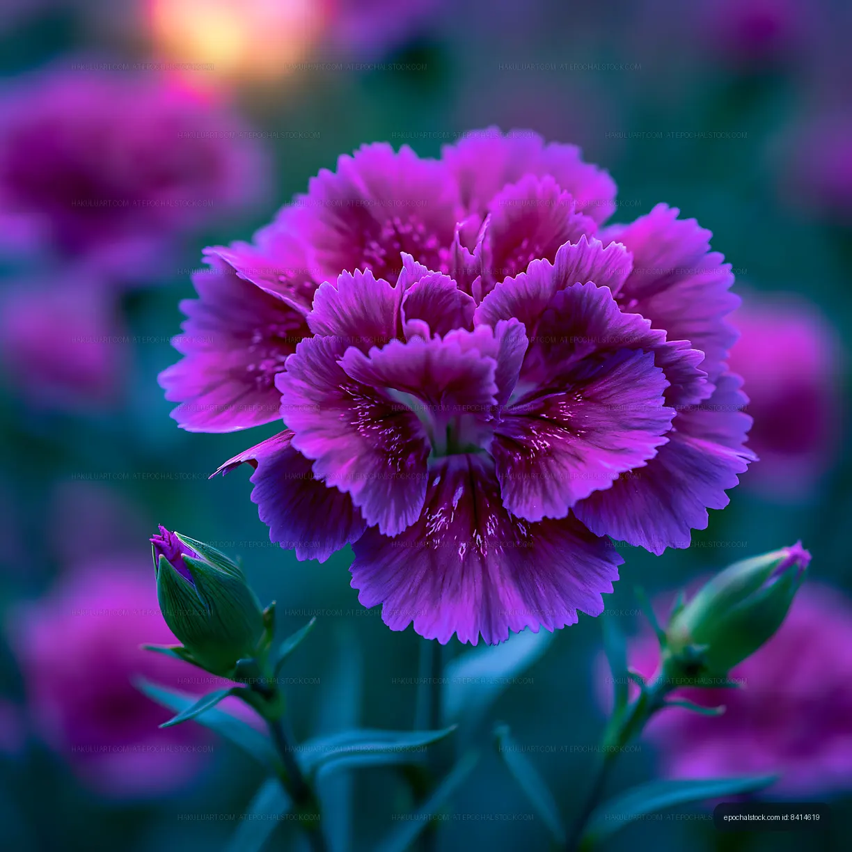 Vibrant purple flower with green buds in a garden setting