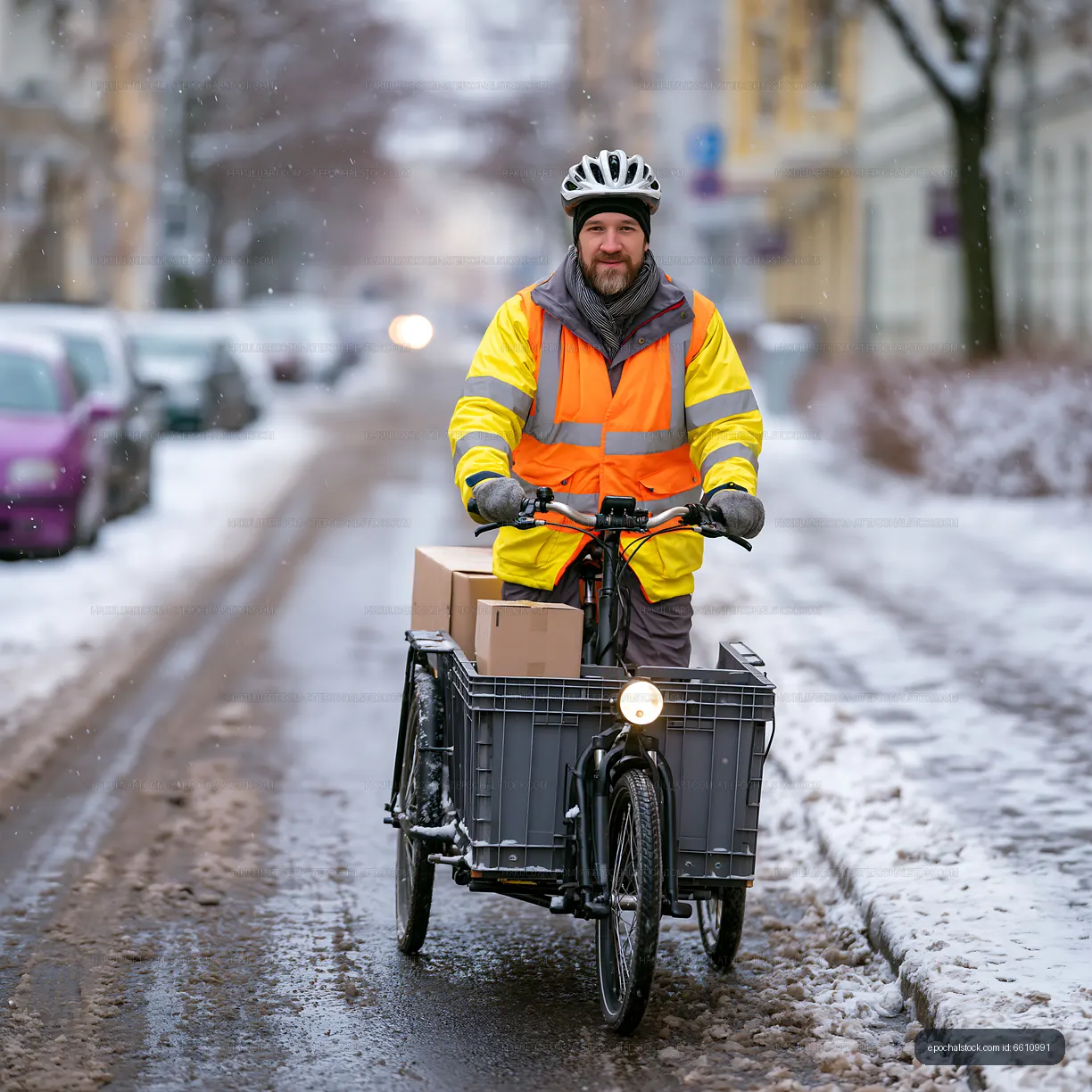 Delivery worker rides bicycle with cargo boxes in winter