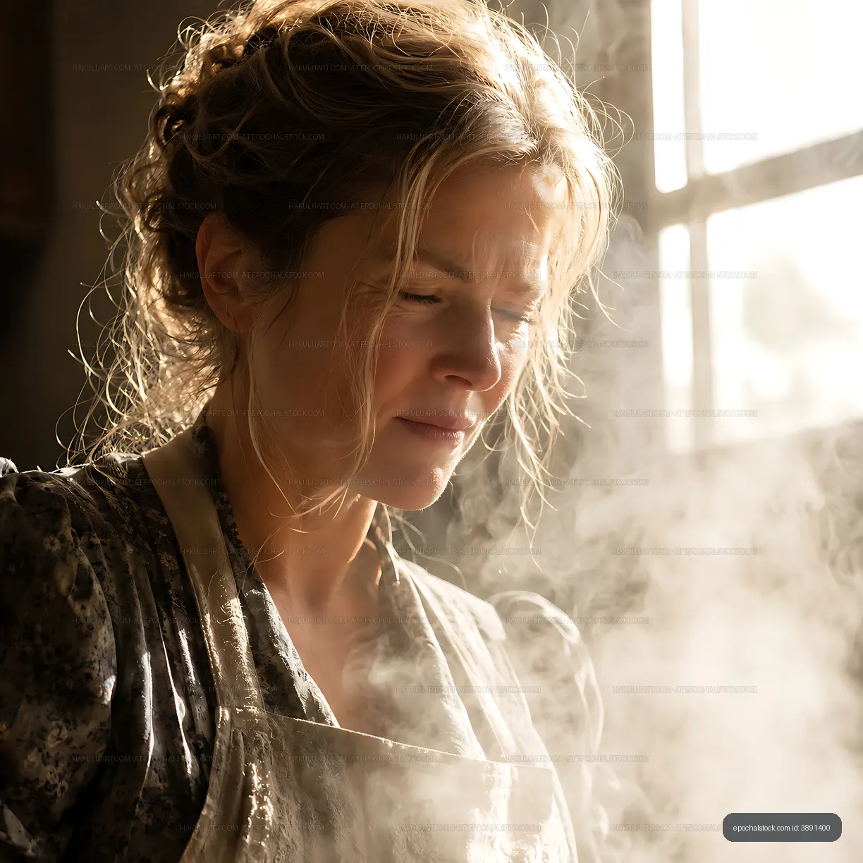 Woman in apron cooking with steam in kitchen
