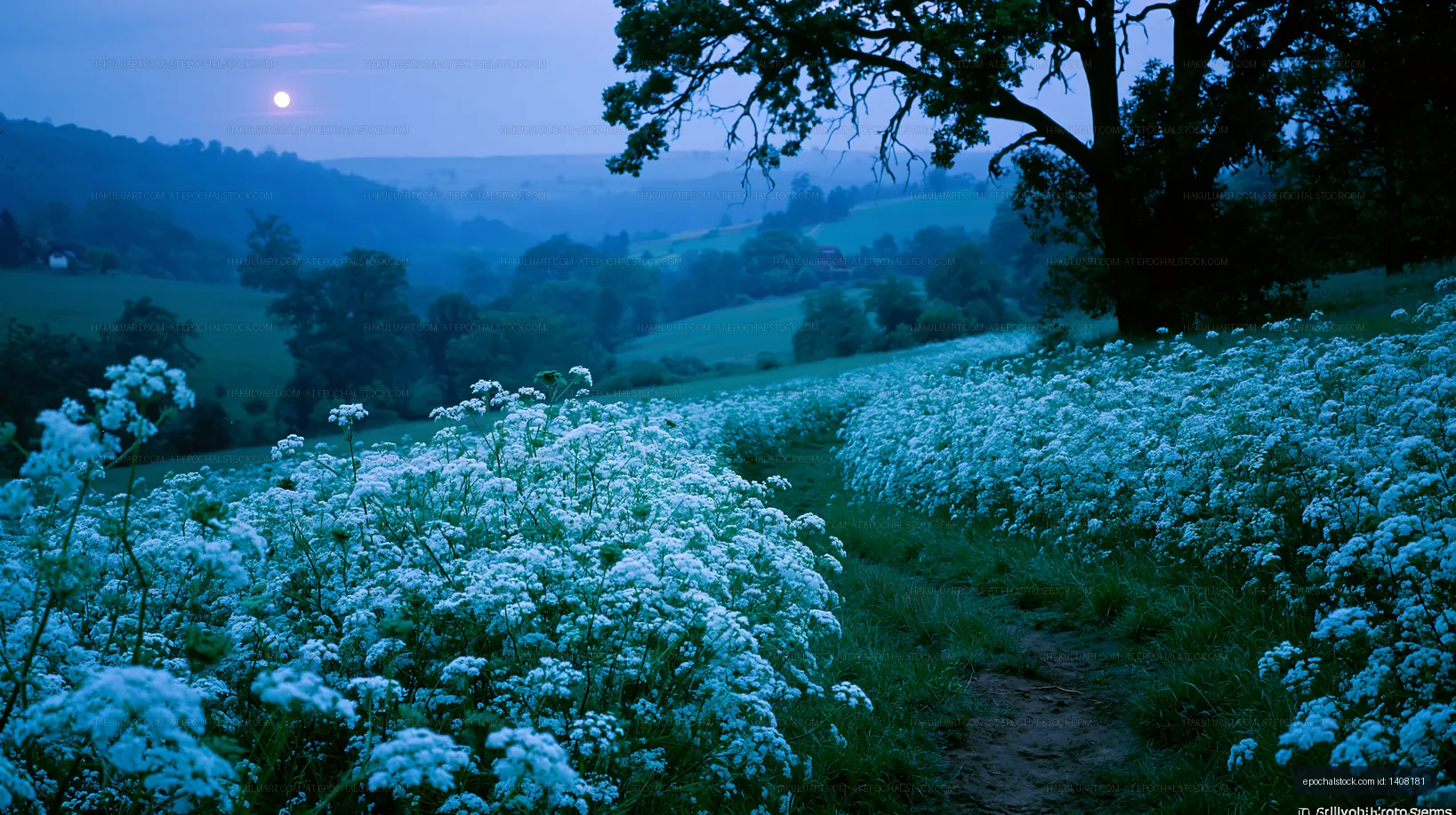 Moonrise over a flower-filled valley in the evening