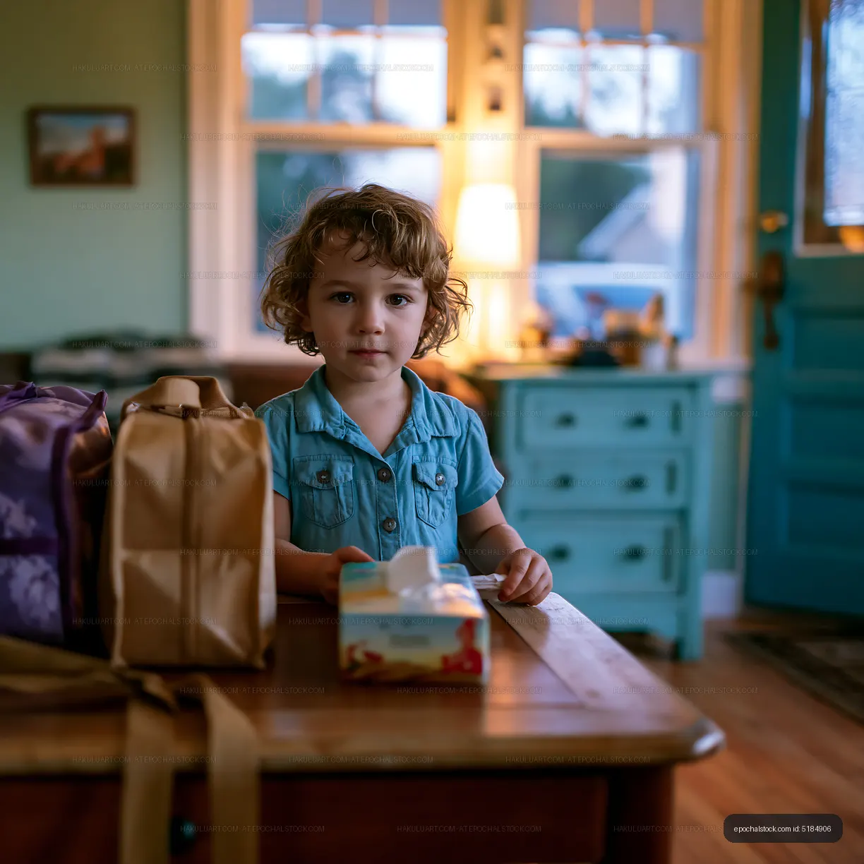 Child with snack boxes in cozy home setting