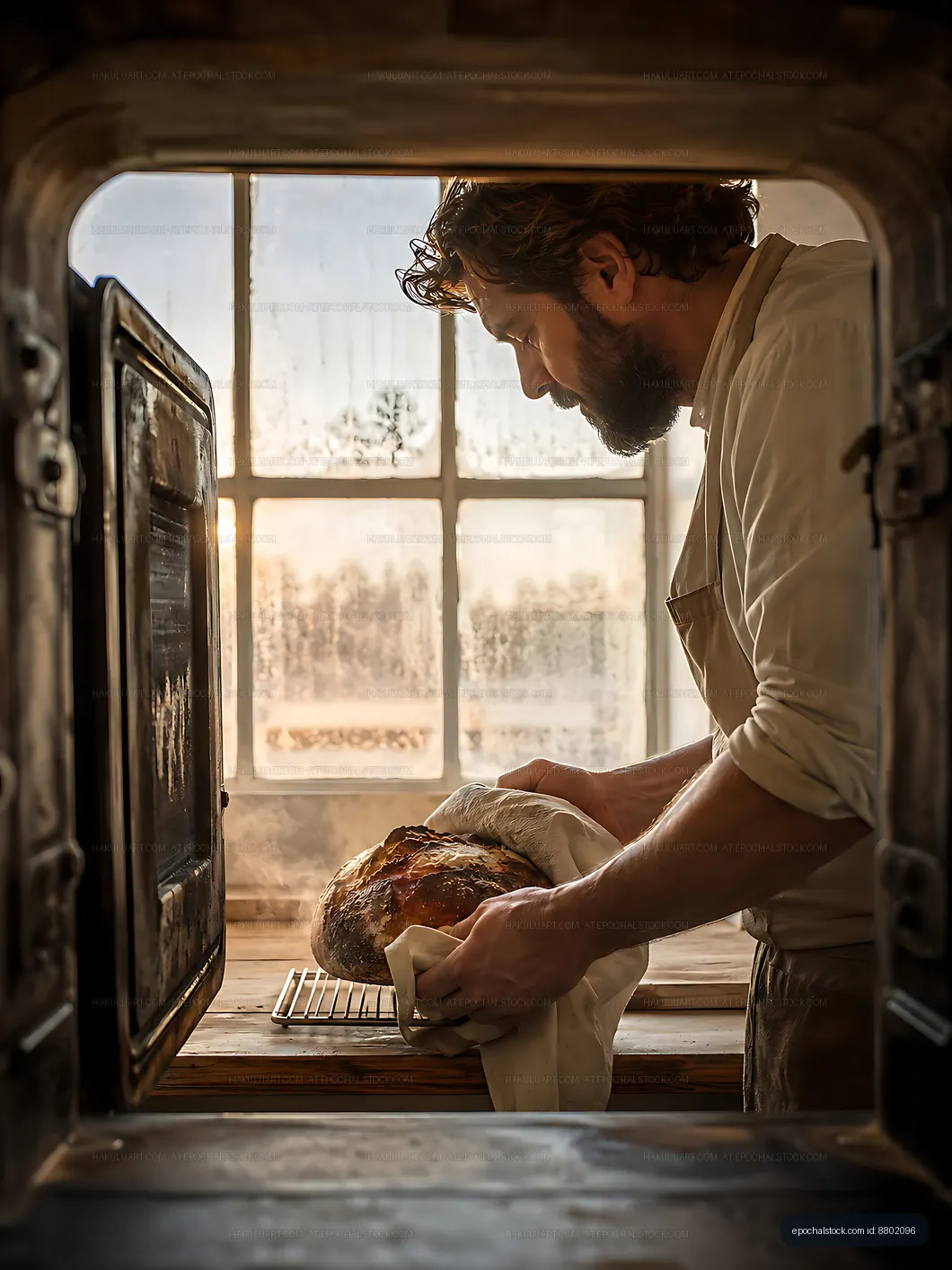 Baker pulling fresh bread from oven with warm sunlight shining