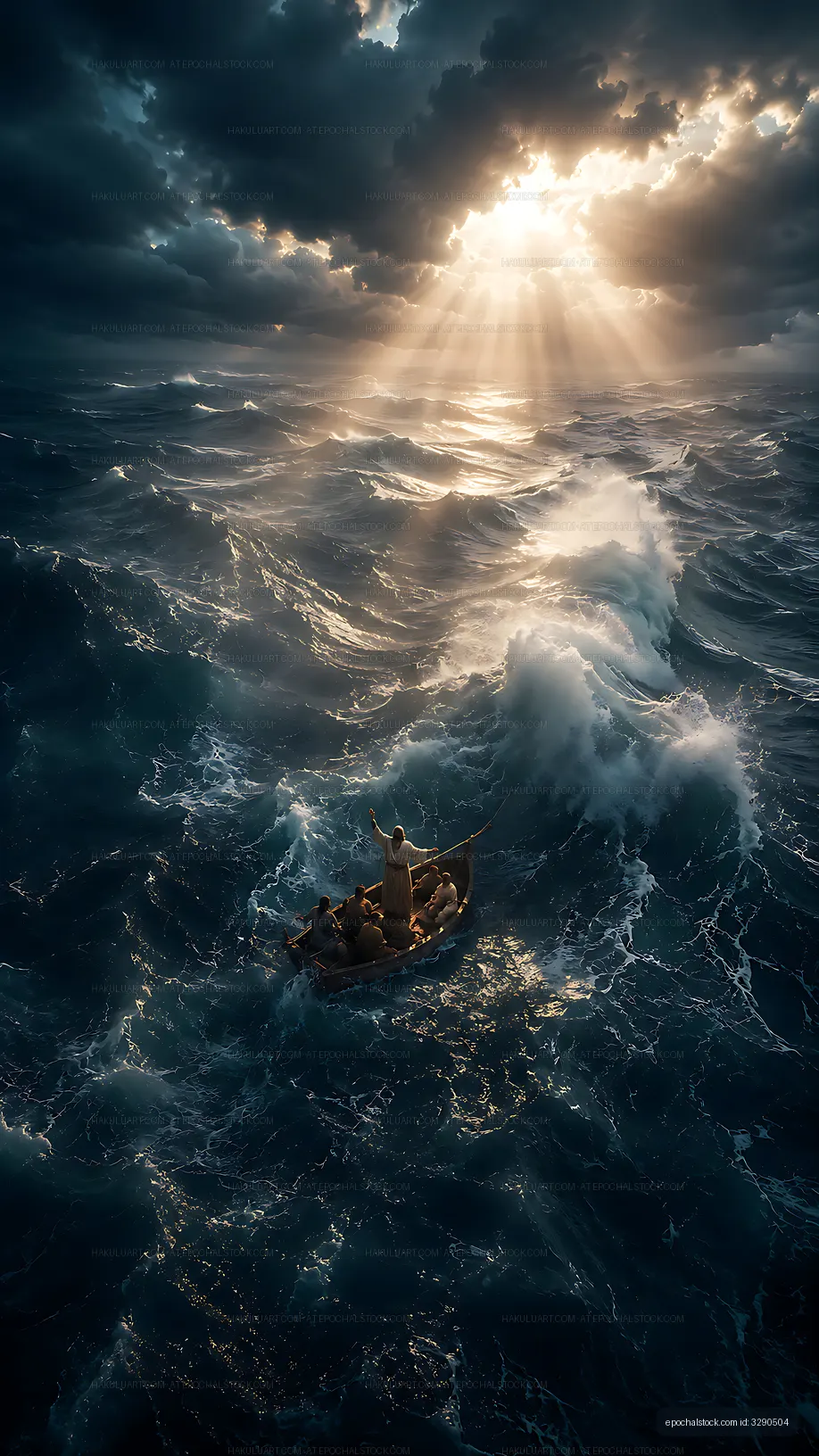 Boat on rough sea with dramatic clouds and sunlight