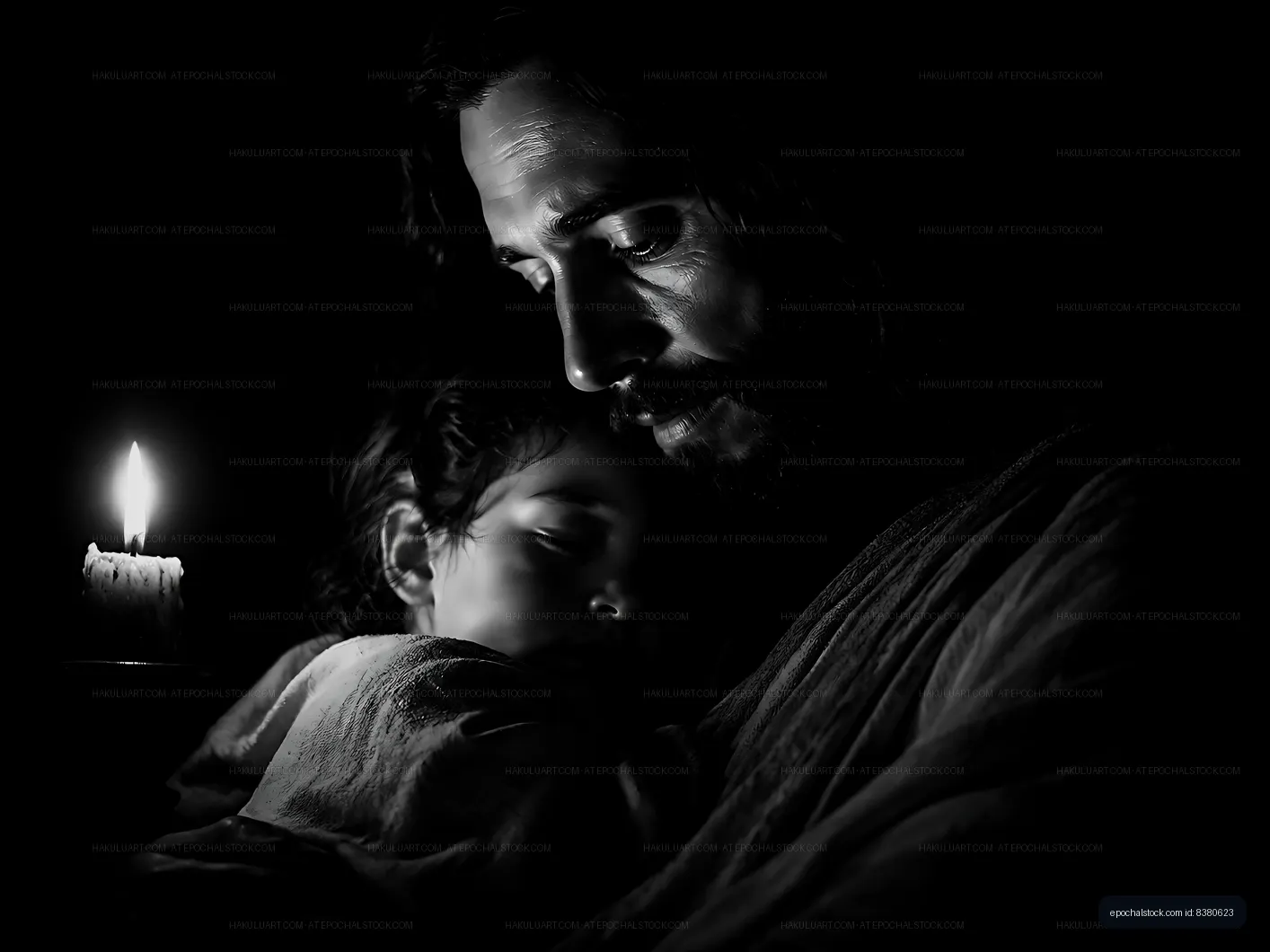 Father and child share a moment near candlelight in darkness