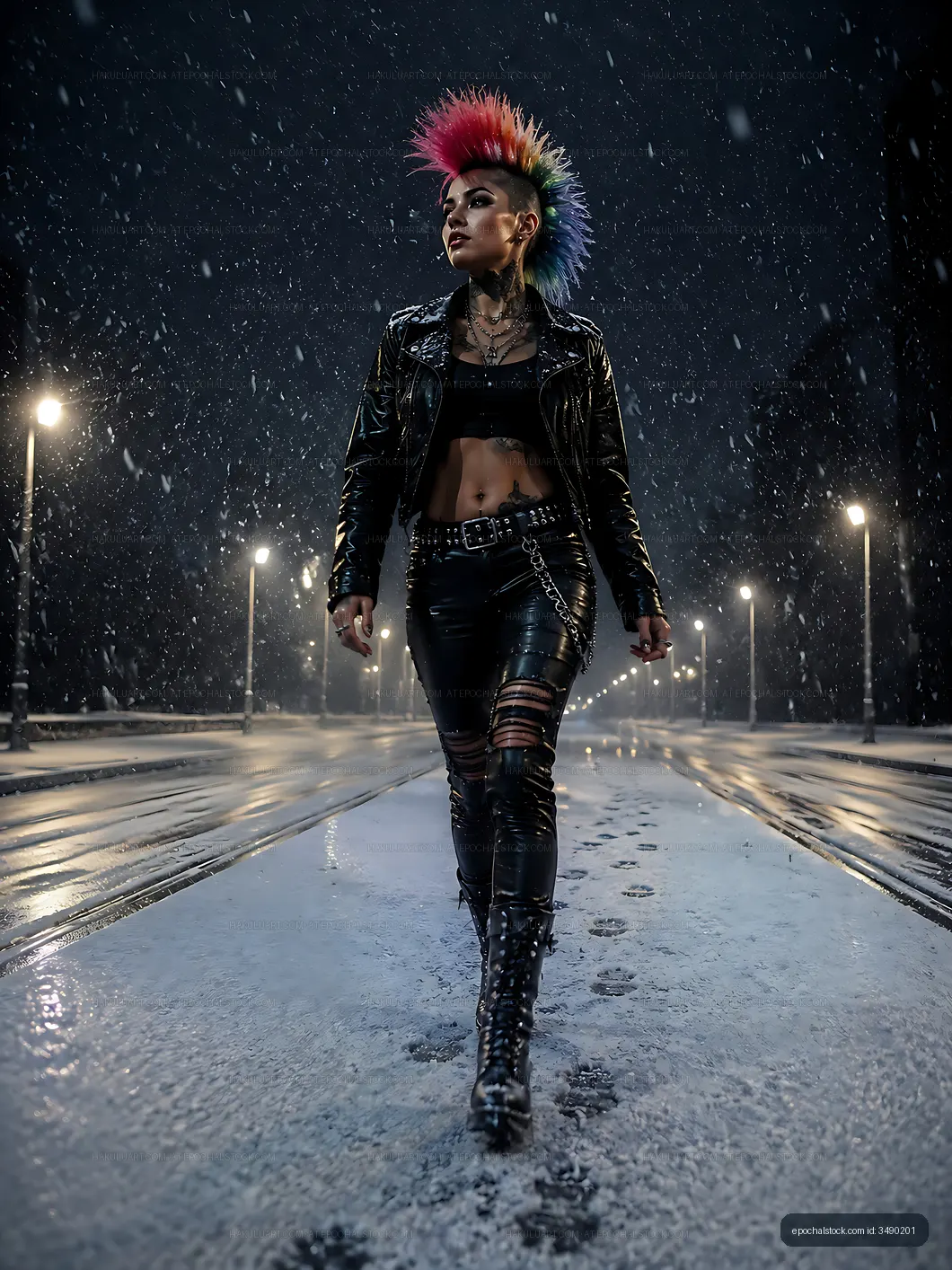 Woman with colorful hair walking on snowy street at night