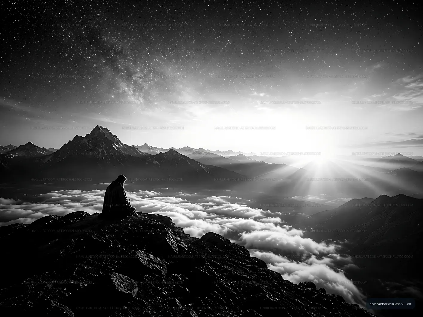 Man sitting on rocks overlooking mountains and clouds at sunrise