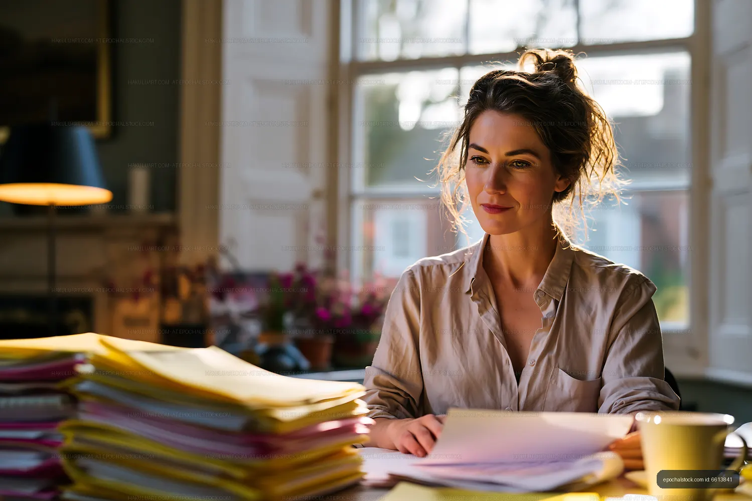 Woman working at a desk with papers and coffee in soft light