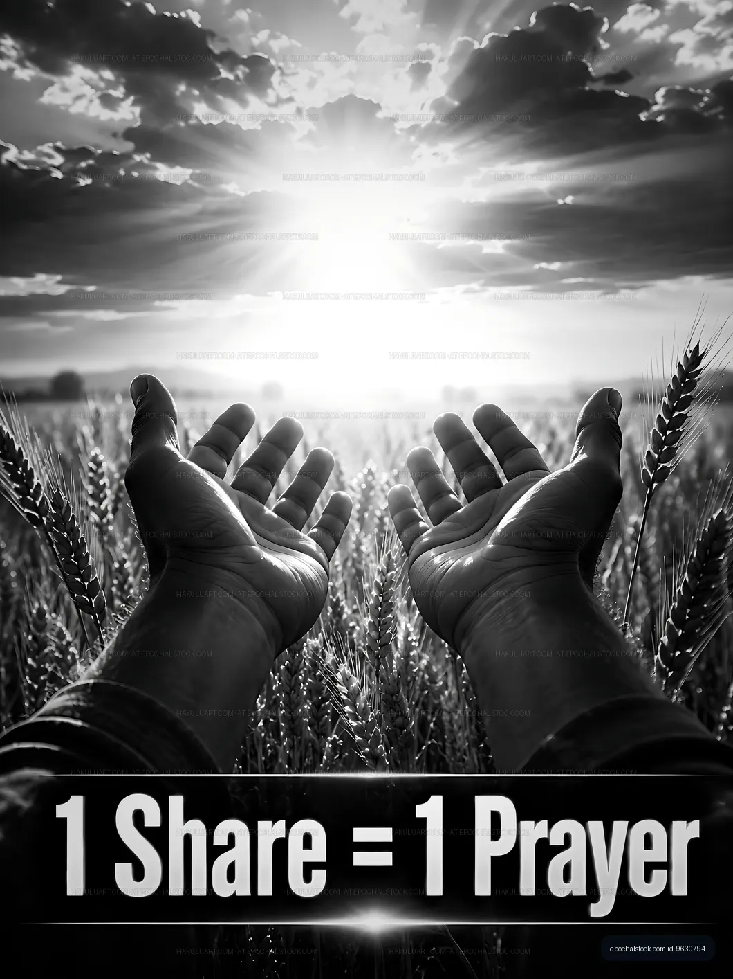 Hands raised in prayer against a sunset over a wheat field