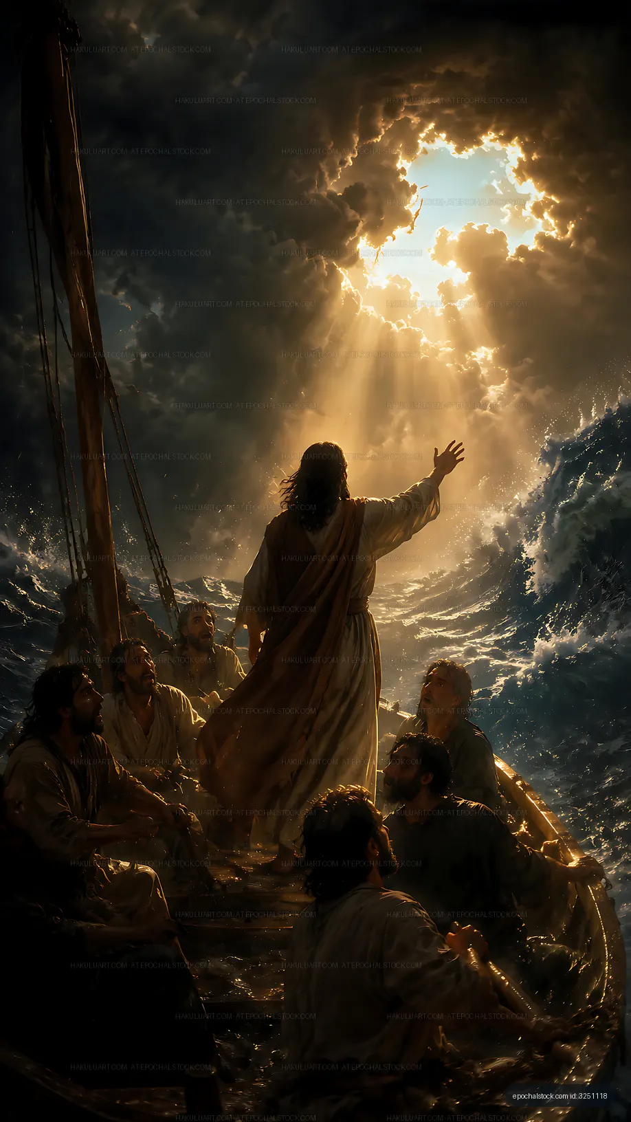 Jesus calming the storm on a boat with disciples at sea