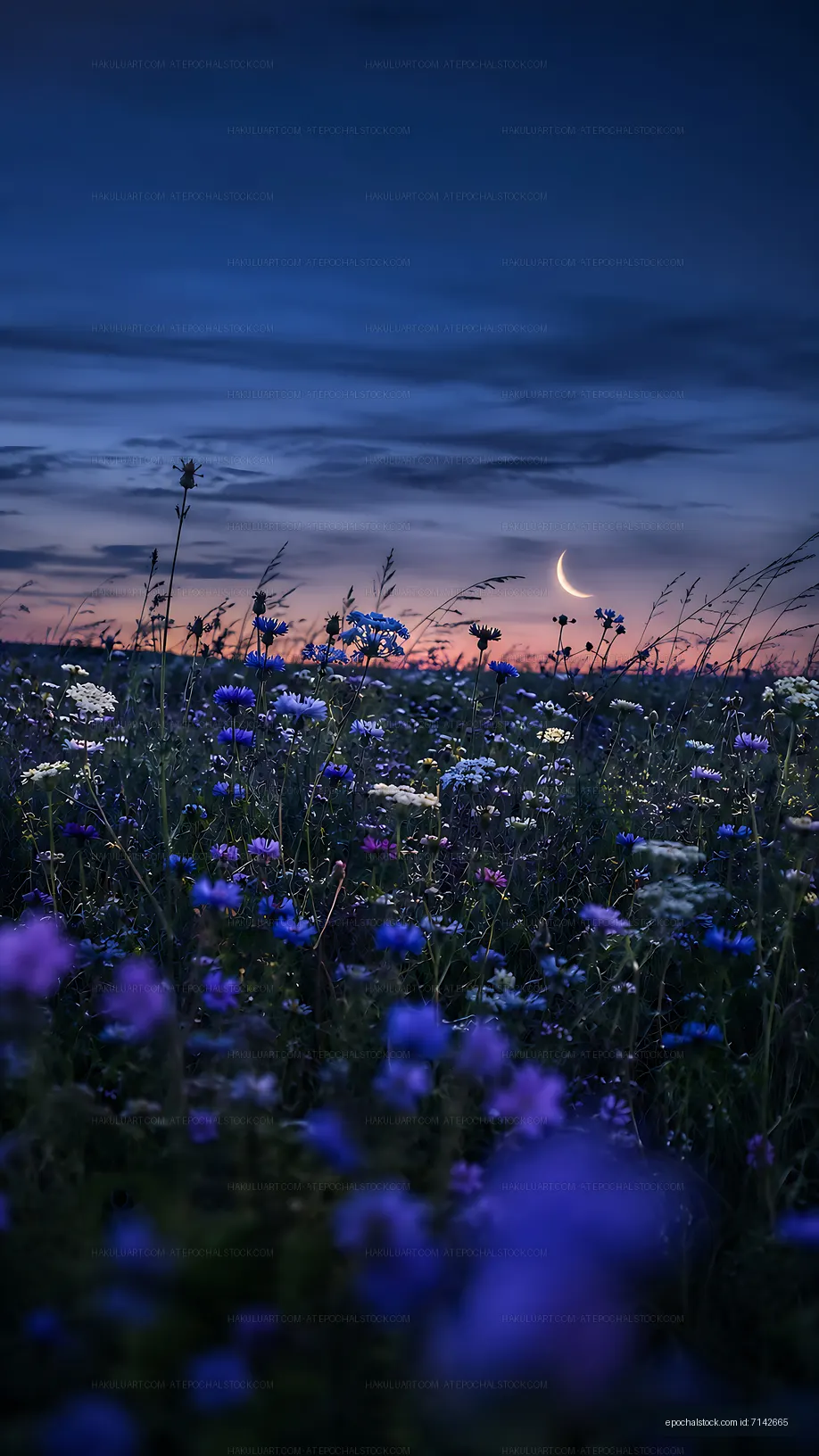 Vibrant flower field under a twilight sky with a crescent moon