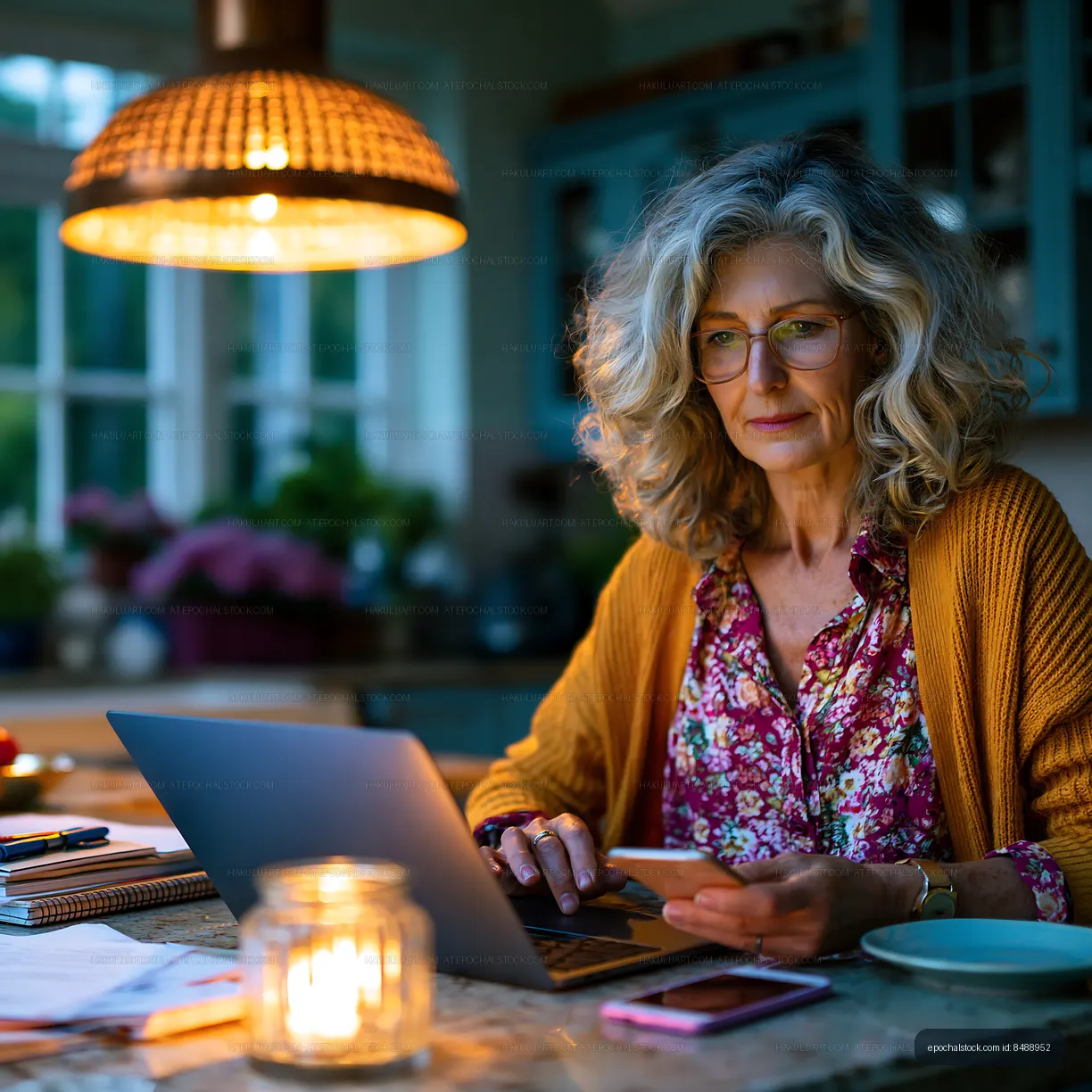 Woman working on laptop at home during evening hours