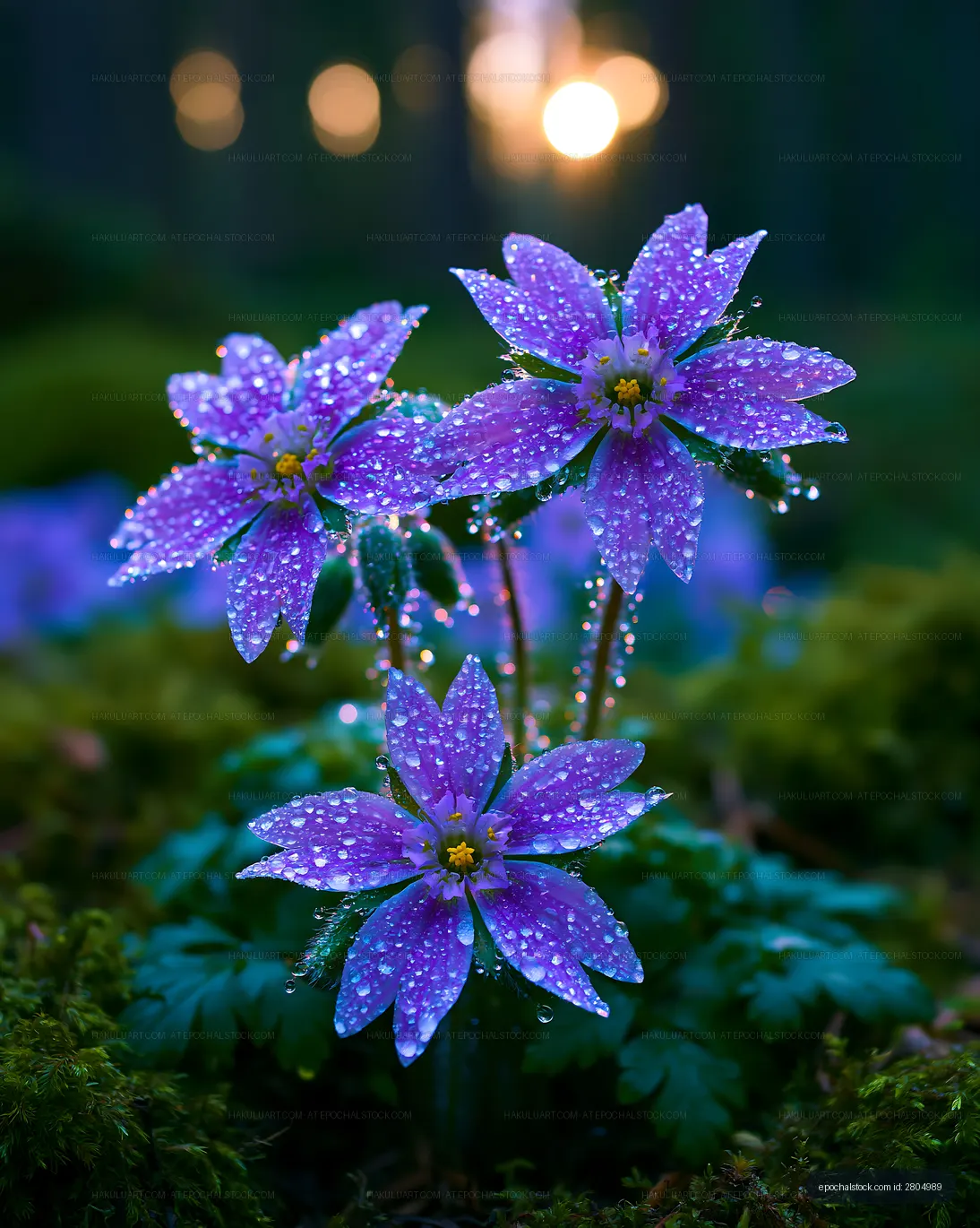 Purple flowers with water droplets in a forest setting