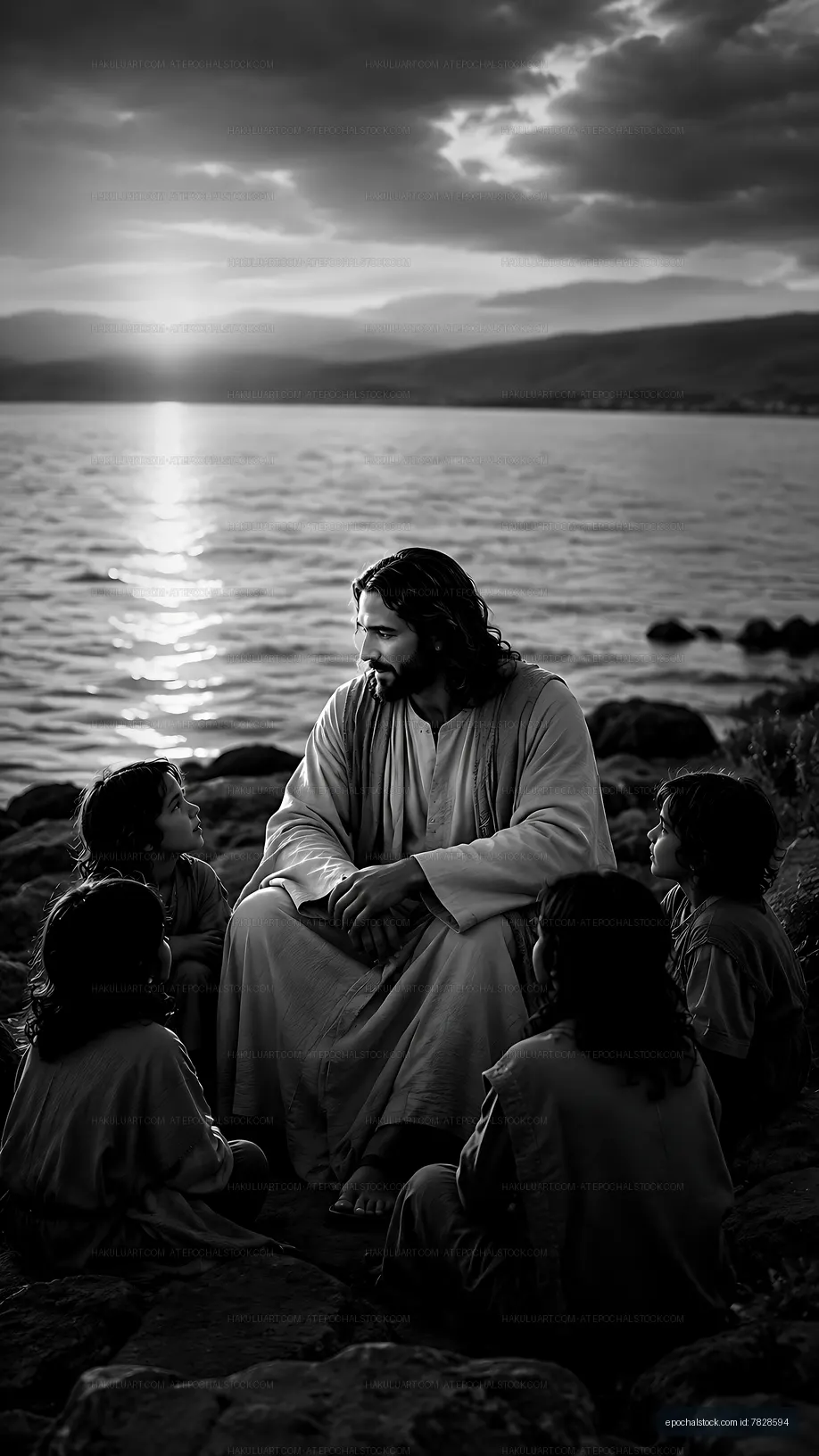 Man sitting on rocks with children near water at sunset