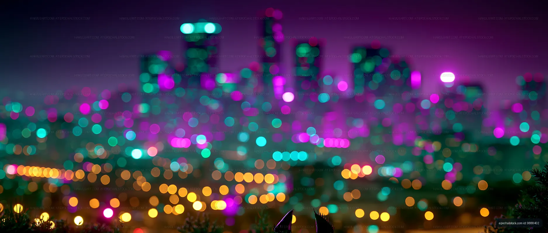 City skyline with colorful lights at night