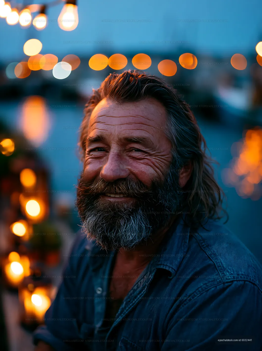 Smiling man with beard at dusk near water with hanging lights