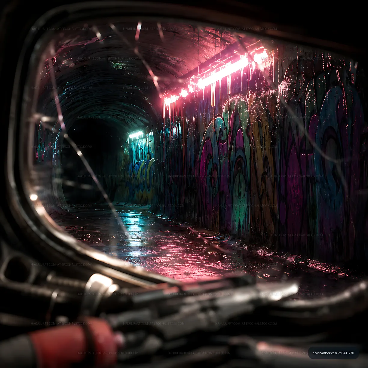 View of graffiti art inside a wet tunnel with neon lights