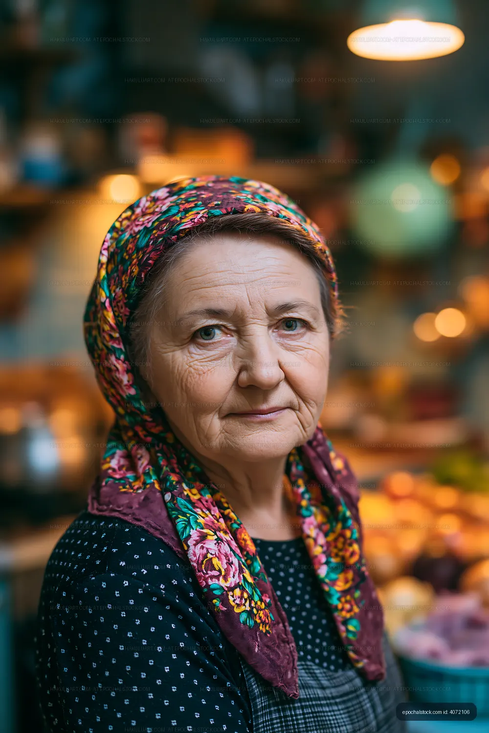 Elderly woman with a headscarf in a rustic kitchen setting