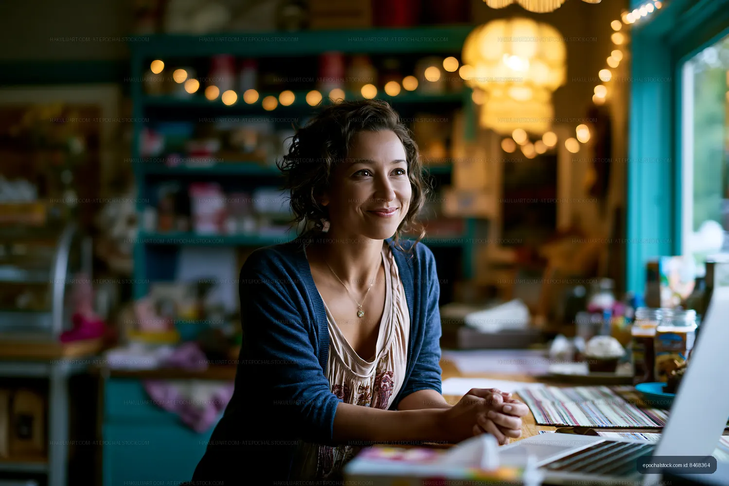 Woman working on a laptop in a cozy cafe setting