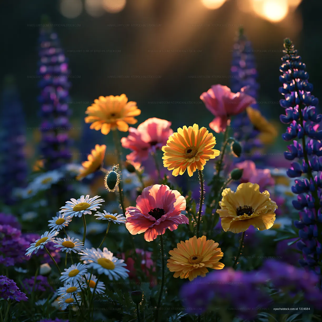 Colorful flowers blooming at sunset in a garden