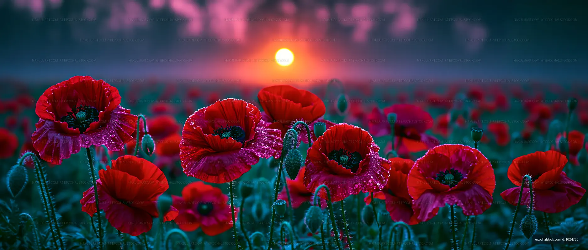 Sunset over a field of red poppies with mist