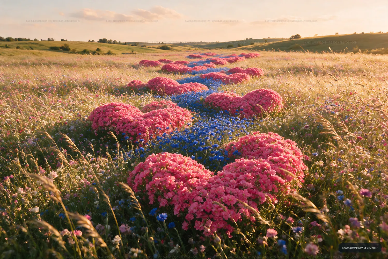 Field with heart-shaped flower patterns at sunset